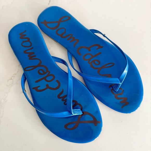 Sam Edelman Flip Flop Flat Thong Sandal Women's 8 Royal Blue Patent Leather - Picture 1 of 5